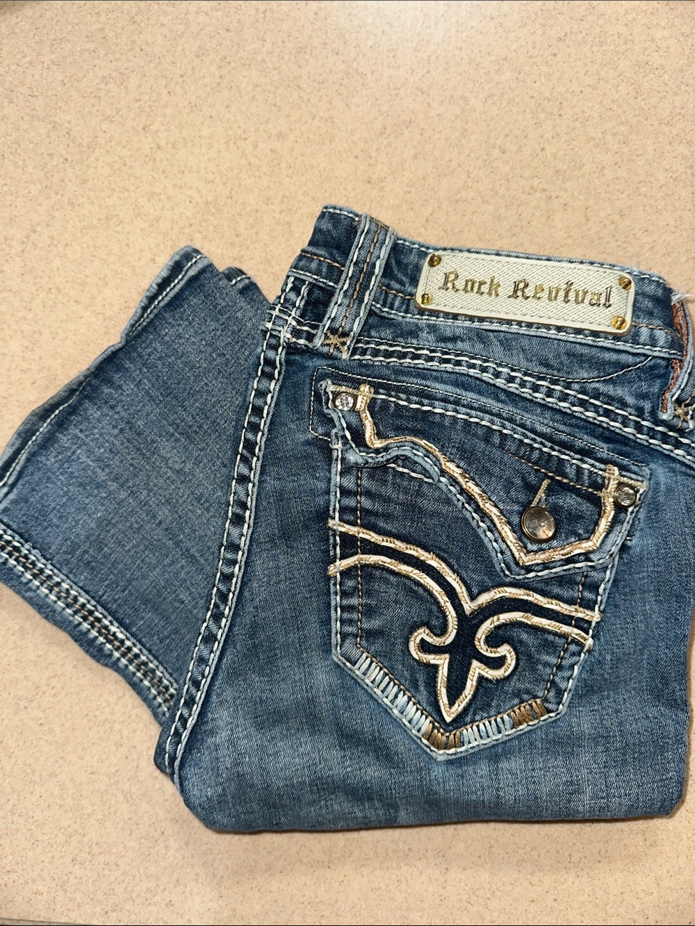 Rock Revival Women's Medium Blue Embroidered Pocket Boot Cut Jeans